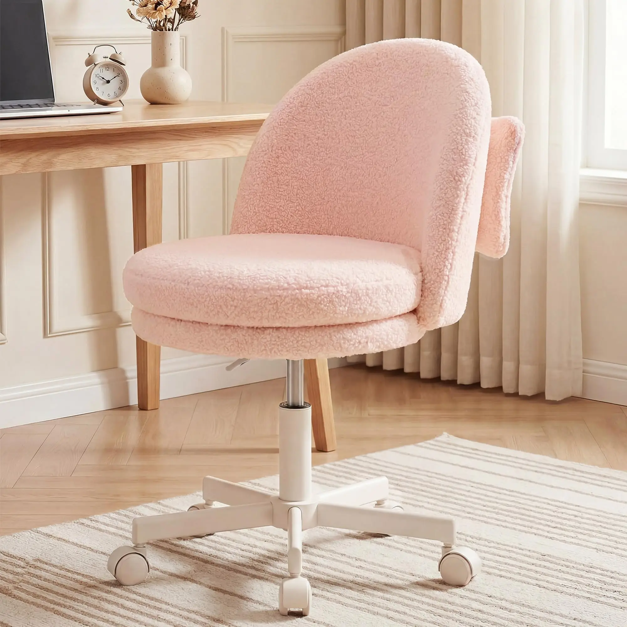 Soft Pink Faux Fur Swivel Office Chair With Height Adjustment, Armless Design, Rolling Base For Home Desk Or Vanity Use
Soft Pink Faux Fur Swivel Office Chair With Height Adjustment, Armless Design, Rolling Base For Home Desk Or Vanity Use