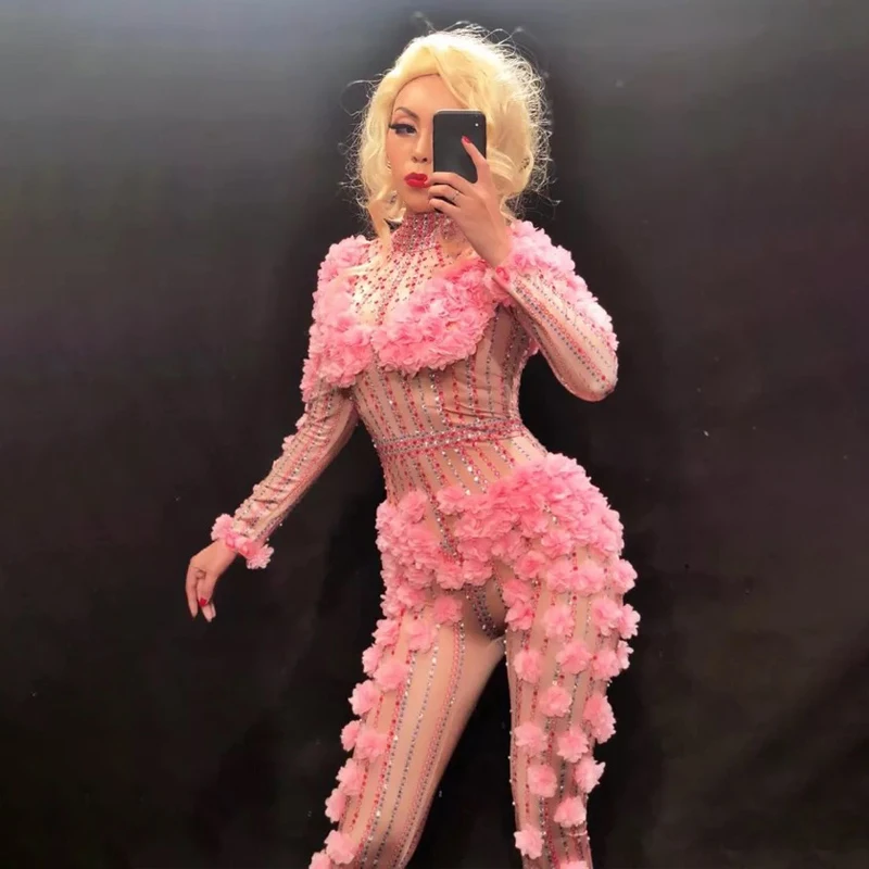 Pink Flower Rhinestones Jumpsuit Women Pole Dance Gogo Costume Nightclub Dj Ds Rave Outfit Stage Performance Wear XS5724
Pink Flower Rhinestones Jumpsuit Women Pole Dance Gogo Costume Nightclub Dj Ds Rave Outfit Stage Performance Wear XS5724