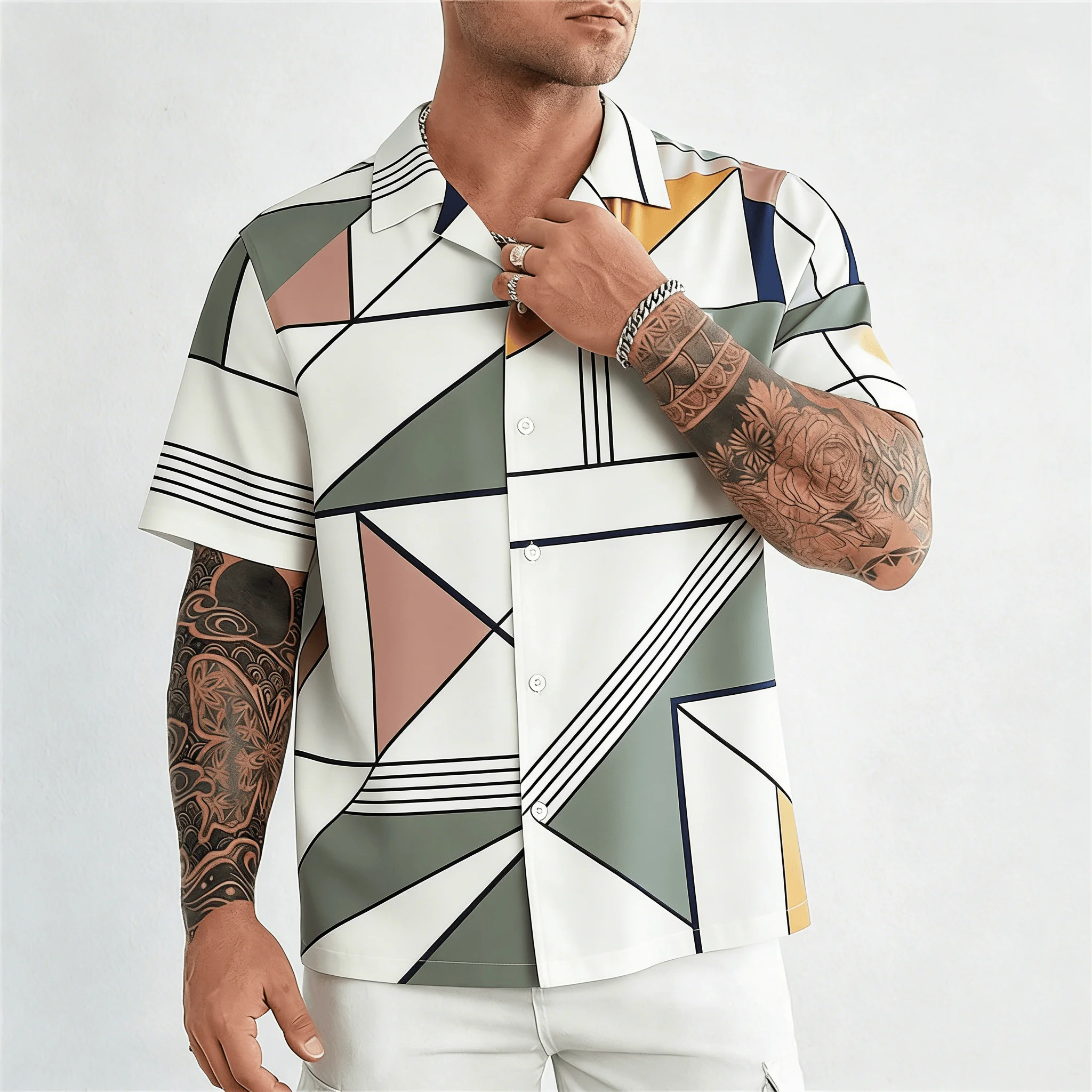 Men's White Morandi Geometric Color Block Short Sleeve Shirt, Spring Summer Minimal Modern Casual Top, Pocket Lapel Style
Men's White Morandi Geometric Color Block Short Sleeve Shirt, Spring Summer Minimal Modern Casual Top, Pocket Lapel Style