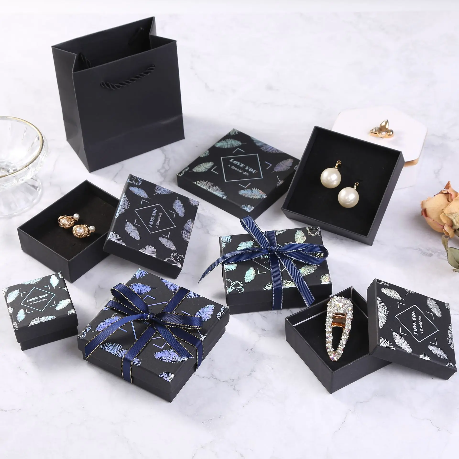 12pcs Jewelry Organizer Box for Earrings Necklace Bracelet Display Gift Box Holder Packaging Black Cardboard Boxes Feather Print
12pcs Jewelry Organizer Box for Earrings Necklace Bracelet Display Gift Box Holder Packaging Black Cardboard Boxes Feather Print