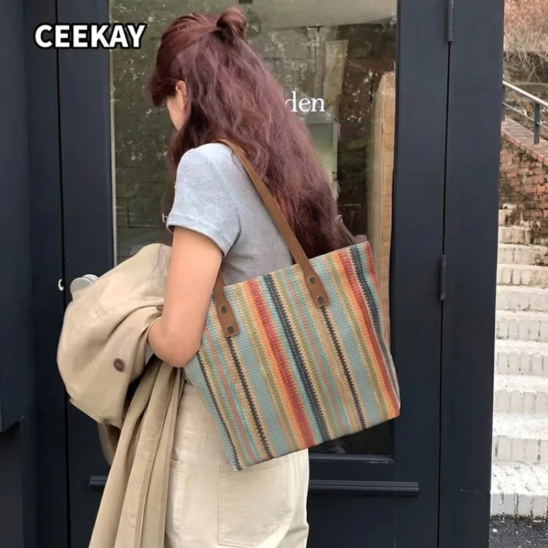 CEEKAY Retro Color Striped Woven Tote Bag PU Leather Rivet Handle Large Capacity Women Commuter Shoulder Purse Handbags
CEEKAY Retro Color Striped Woven Tote Bag PU Leather Rivet Handle Large Capacity Women Commuter Shoulder Purse Handbags