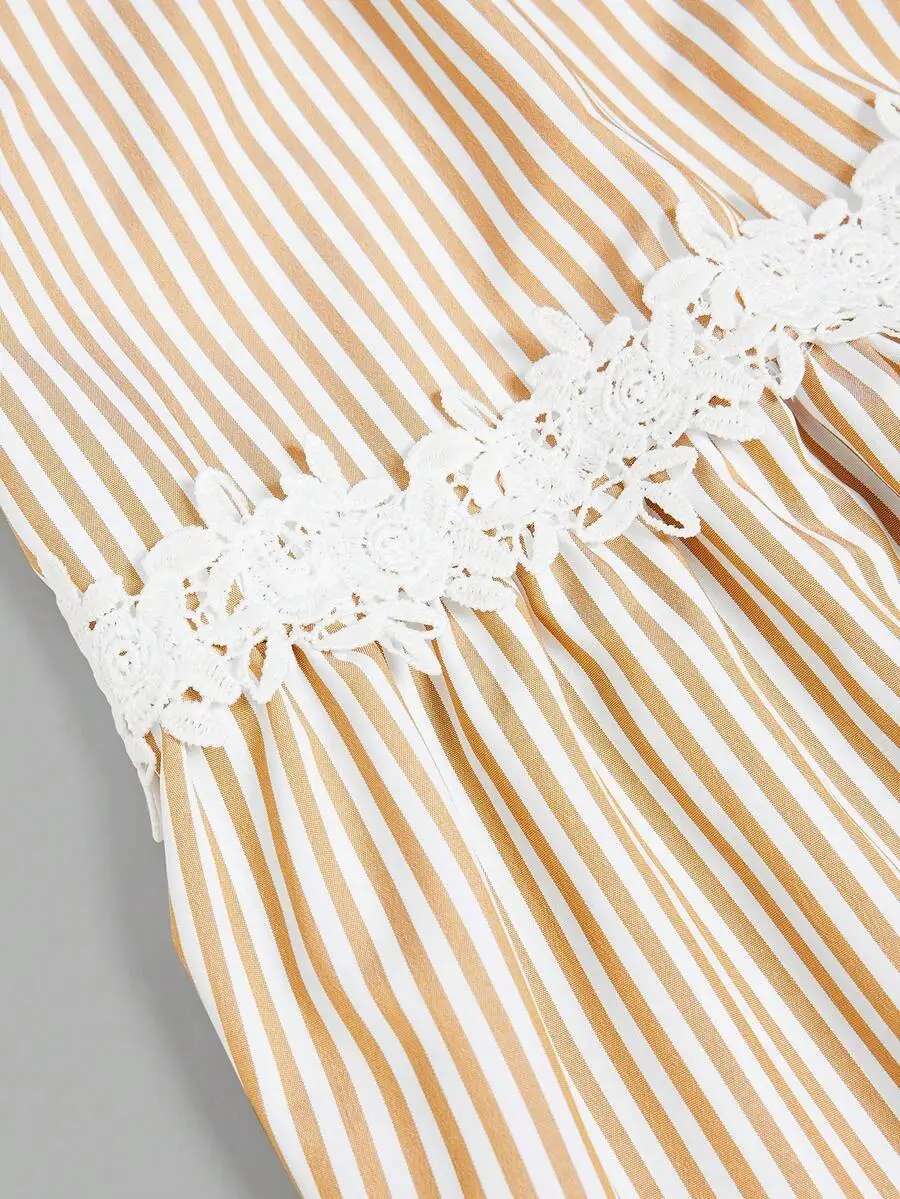 Women Striped Short Dress With Lace Floral Trim Ruffle Hem Tie Front Back
Women Striped Short Dress With Lace Floral Trim Ruffle Hem Tie Front Back