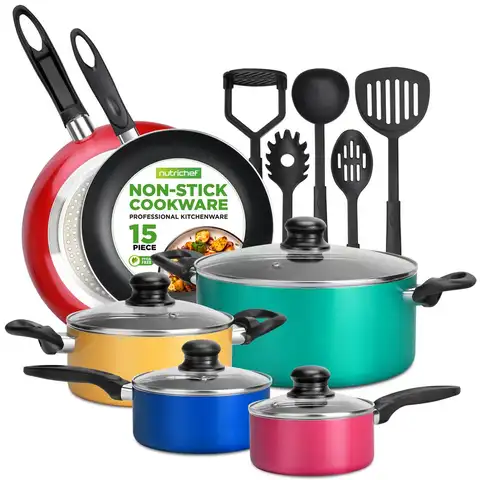 NutriChef 15-Piece Non-Stick Cookware Set – PFOA/PFOS-Free, Colorful, with Saucepot, Frying Pans, Oven Pot, Lids, 5 Utensils
