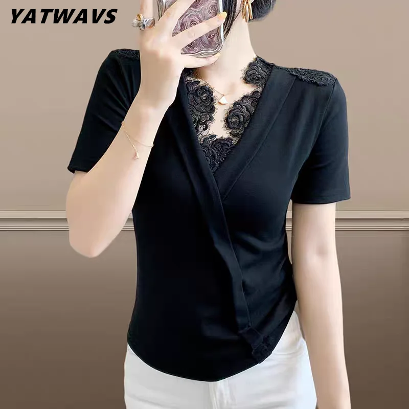 2025 New Summer European Women's T-Shirt Sexy V-Neck Lace Patchwork Cotton Tops Fashion Streetwear Short Sleeve Slim Tees
2025 New Summer European Women's T-Shirt Sexy V-Neck Lace Patchwork Cotton Tops Fashion Streetwear Short Sleeve Slim Tees