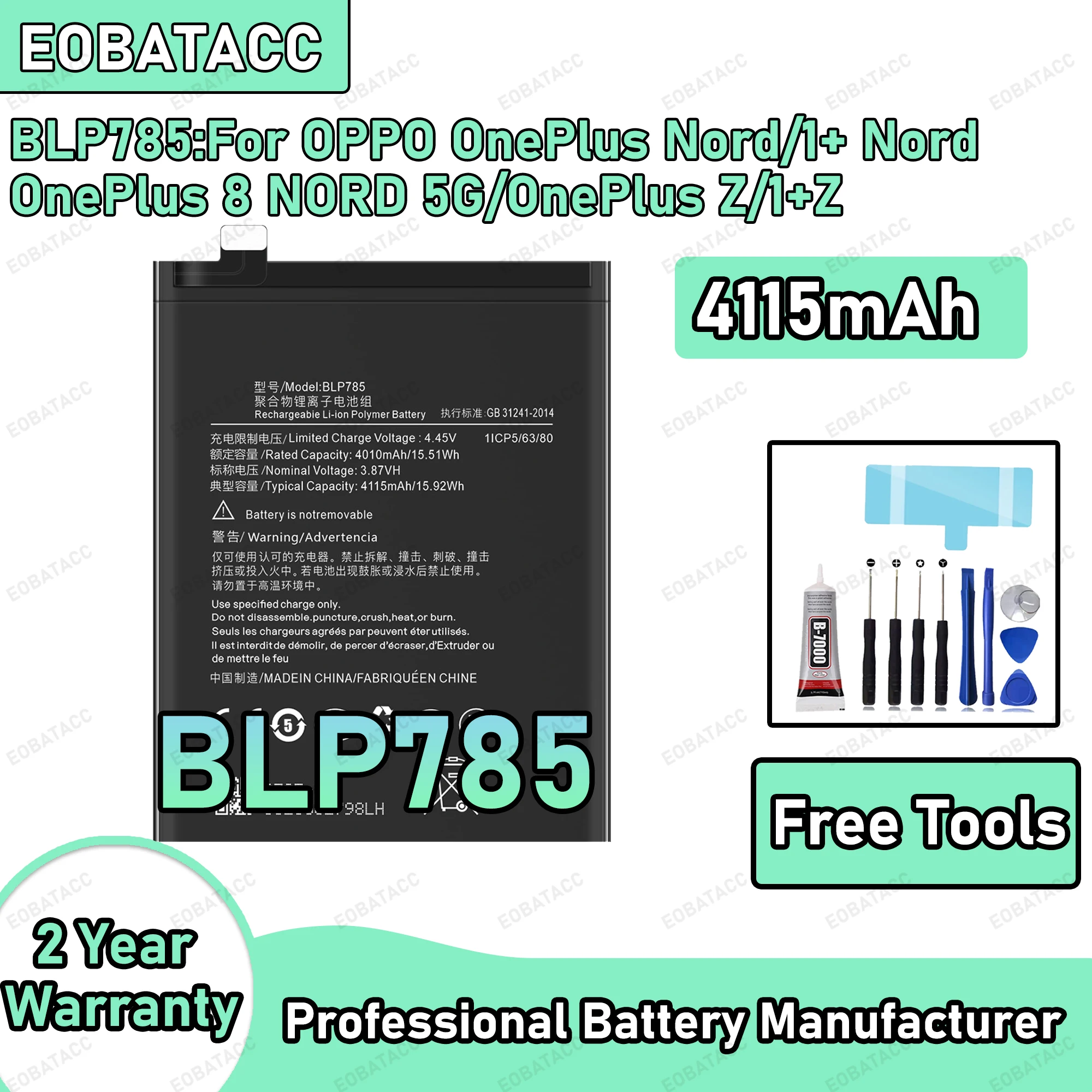 4115mAh 100% New BLP785 Battery For OPPO OnePlus Nord/OnePlus 8 NORD 5G Replacement Bateria+Free Tools
4115mAh 100% New BLP785 Battery For OPPO OnePlus Nord/OnePlus 8 NORD 5G Replacement Bateria+Free Tools