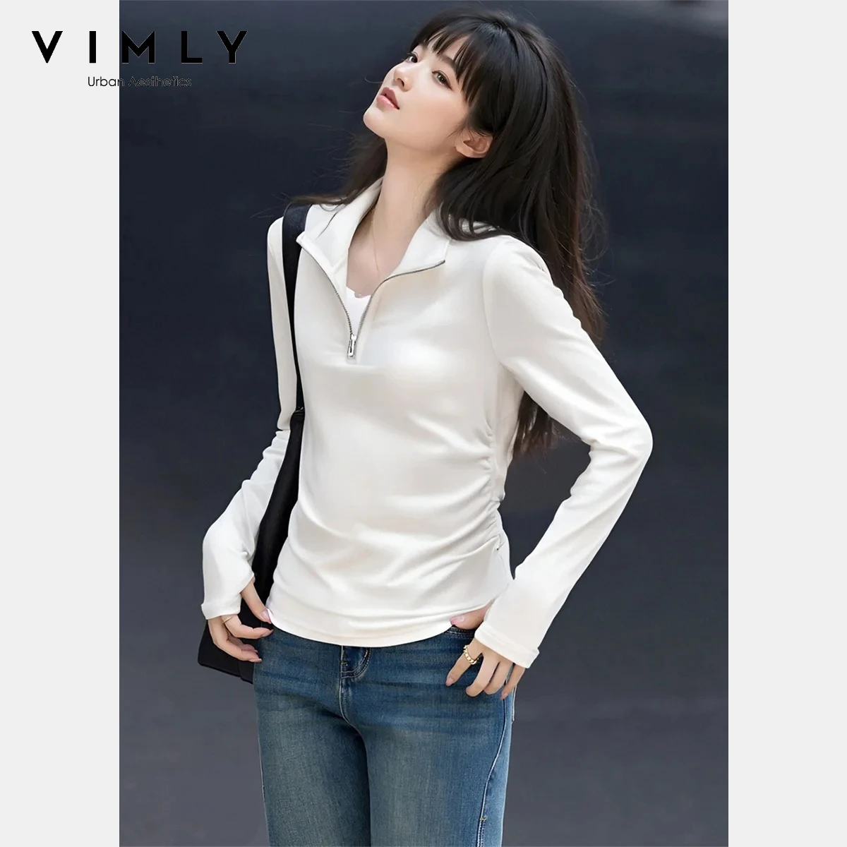 VIMLY Casual Stand Collar Half Zipper T-shirt 2024 Spring Side Drawstring Cotton Slim Long Sleeve Top for Woman Pullovers M5783
VIMLY Casual Stand Collar Half Zipper T-shirt 2024 Spring Side Drawstring Cotton Slim Long Sleeve Top for Woman Pullovers M5783