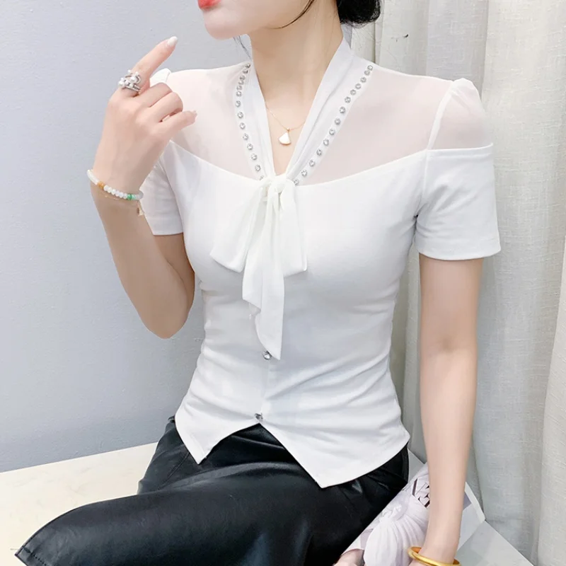 Chic Fashion Diamonds Mesh Splicing Slim Women's T shirt Korean Elegant Lace Up V-Collar Short Sleeve Pullover Tops Female Tees
Chic Fashion Diamonds Mesh Splicing Slim Women's T shirt Korean Elegant Lace Up V-Collar Short Sleeve Pullover Tops Female Tees