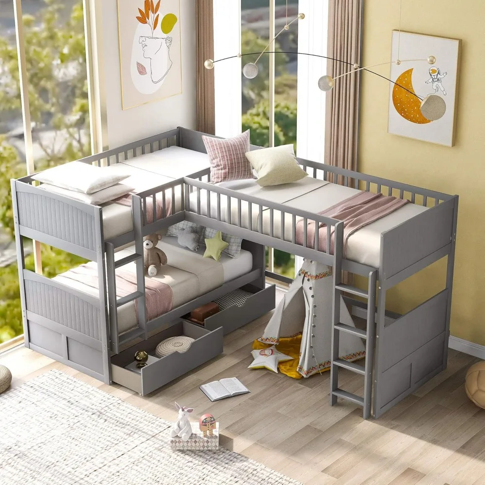 Тройная кровать Twin-Twin-Over-Twin-Twin Bed Двухъярусная кровать L-образной формы с 2 ящиками и двумя драбинами, пружиной коробчатой не требуется 
Тройная кровать Twin-Twin-Over-Twin-Twin Bed Двухъярусная кровать L-образной формы с 2 ящиками и двумя драбинами, пружиной коробчатой не требуется