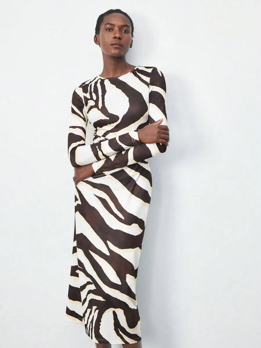 Womens Zebra Print Long Sleeve Midi Dress With Front Twist Fitted H-Line Chic Business Casual
Womens Zebra Print Long Sleeve Midi Dress With Front Twist Fitted H-Line Chic Business Casual