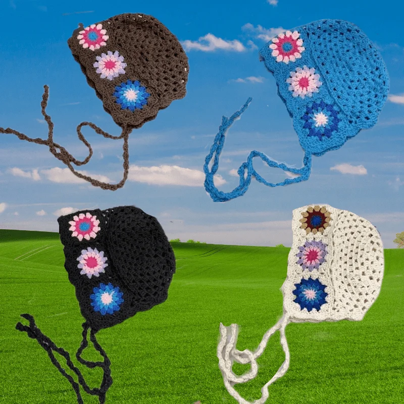 Colorful Crochet Flower Bonnet with Tie Closure, Solid Color Hollow Knit Headwrap for Women's Boho Style and Daily Fashion 
Colorful Crochet Flower Bonnet with Tie Closure, Solid Color Hollow Knit Headwrap for Women's Boho Style and Daily Fashion