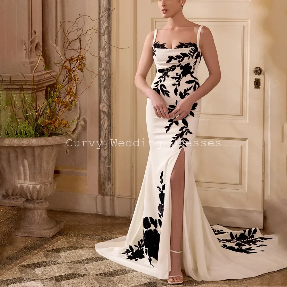 Curvy Elegant Spaghetti Strap Black Floral Lace Mermaid Wedding Dresses for Women High Thigh Slit Bridal Gown Customized
Curvy Elegant Spaghetti Strap Black Floral Lace Mermaid Wedding Dresses for Women High Thigh Slit Bridal Gown Customized