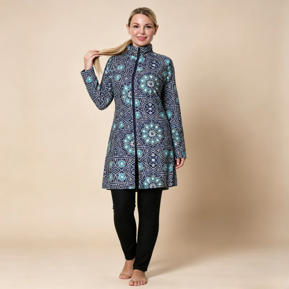 Plus Size 3PCS Print Burkini Swimwear Long Sleeve Zip Up Tunic Top Full Length Pants with Cap Conservative Muslim Bathing Suit
Plus Size 3PCS Print Burkini Swimwear Long Sleeve Zip Up Tunic Top Full Length Pants with Cap Conservative Muslim Bathing Suit