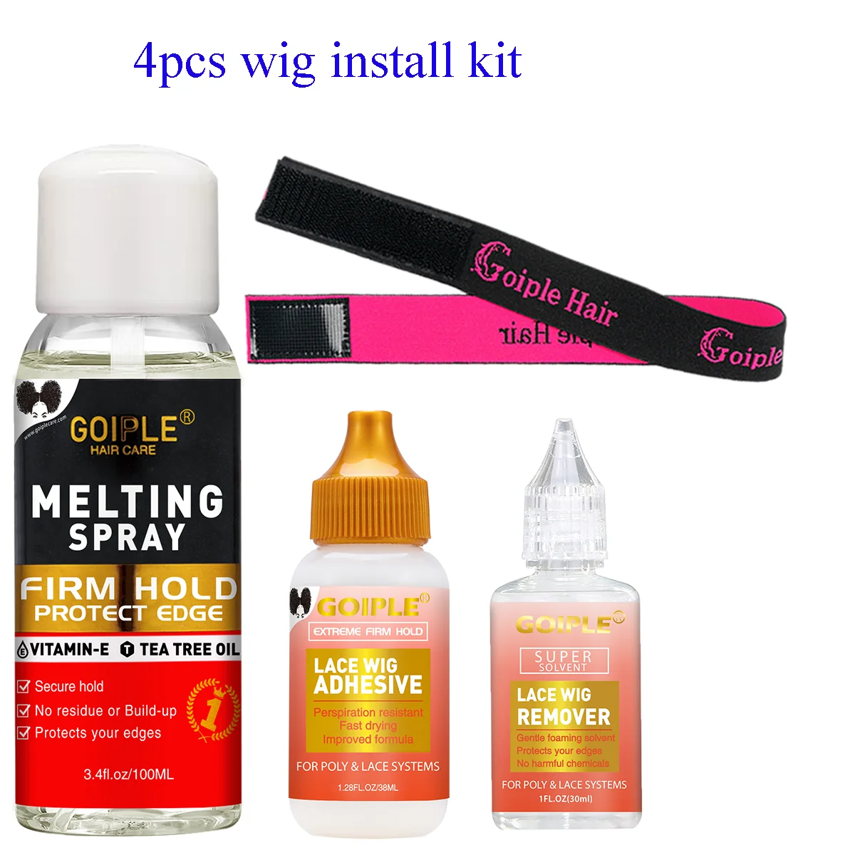 Goiple 4PCS Lace Wig Installation Kit with Waterproof Lace Glue Melting Spray Remover and Elastic Band for Beginners Set
Goiple 4PCS Lace Wig Installation Kit with Waterproof Lace Glue Melting Spray Remover and Elastic Band for Beginners Set