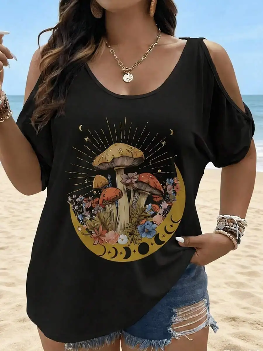 Oversized Cold Shoulder T-Shirt With Mushroom Moon Print Womens Casual Top
Oversized Cold Shoulder T-Shirt With Mushroom Moon Print Womens Casual Top