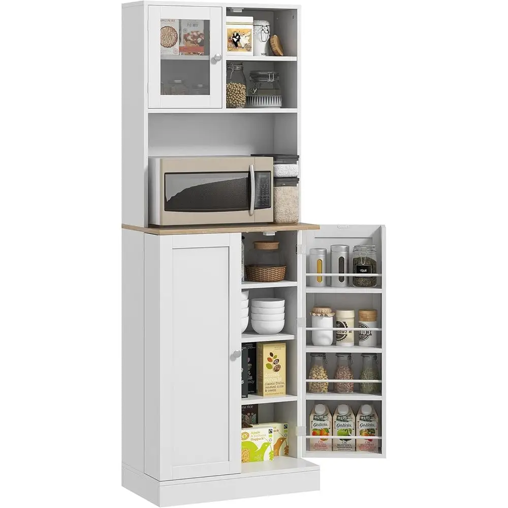 67 Freestanding Kitchen Pantry Cabinet with Microwave Shelf, Adjustable Shelves, Glass Door, and 8 Door Shelves - White
67 Freestanding Kitchen Pantry Cabinet with Microwave Shelf, Adjustable Shelves, Glass Door, and 8 Door Shelves - White