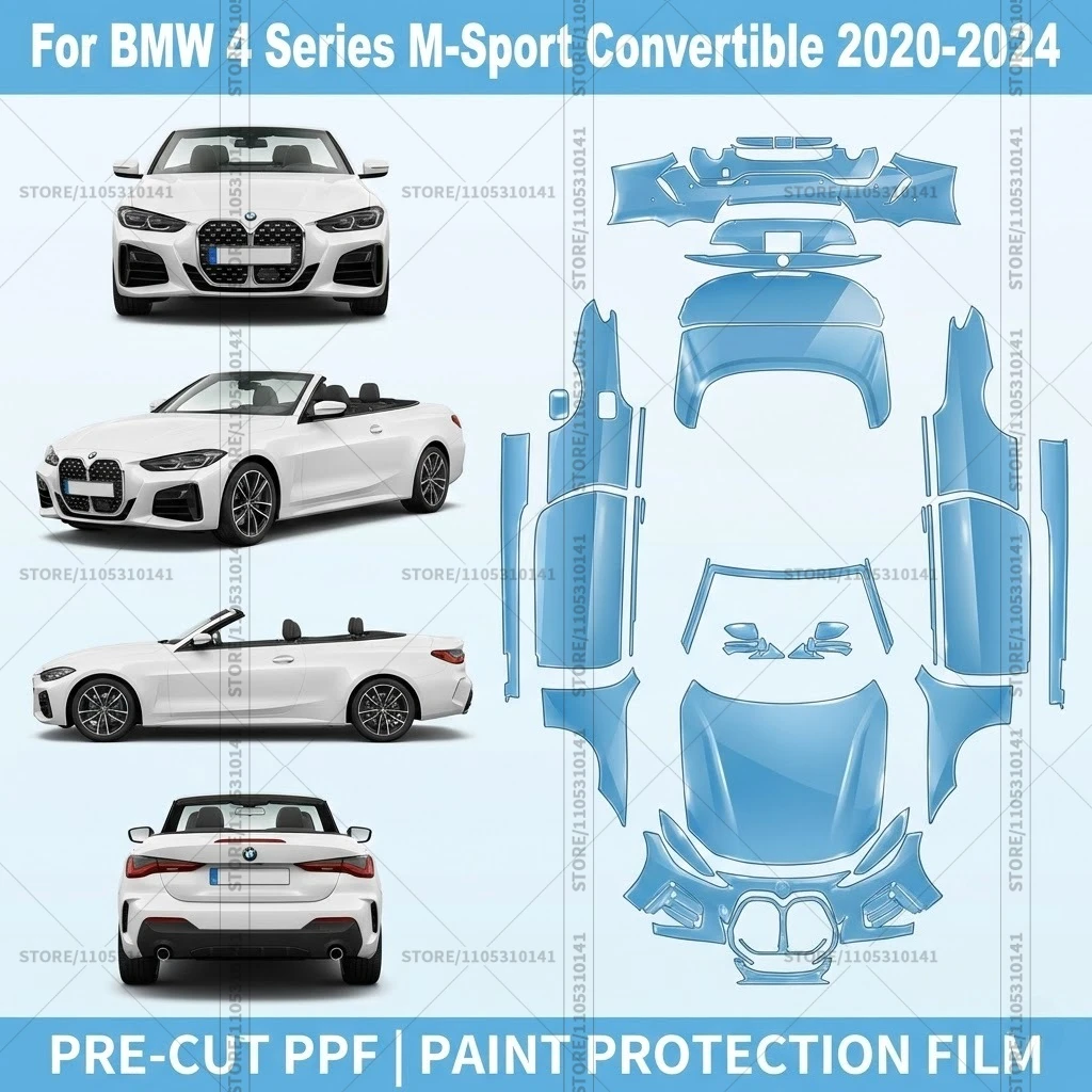 Предварительно нарезанная защитная пленка PPF, прозрачная автомобильная пленка для BMW 4 серии M-Sport Convertible 2020-2024
Предварительно нарезанная защитная пленка PPF, прозрачная автомобильная пленка для BMW 4 серии M-Sport Convertible 2020-2024