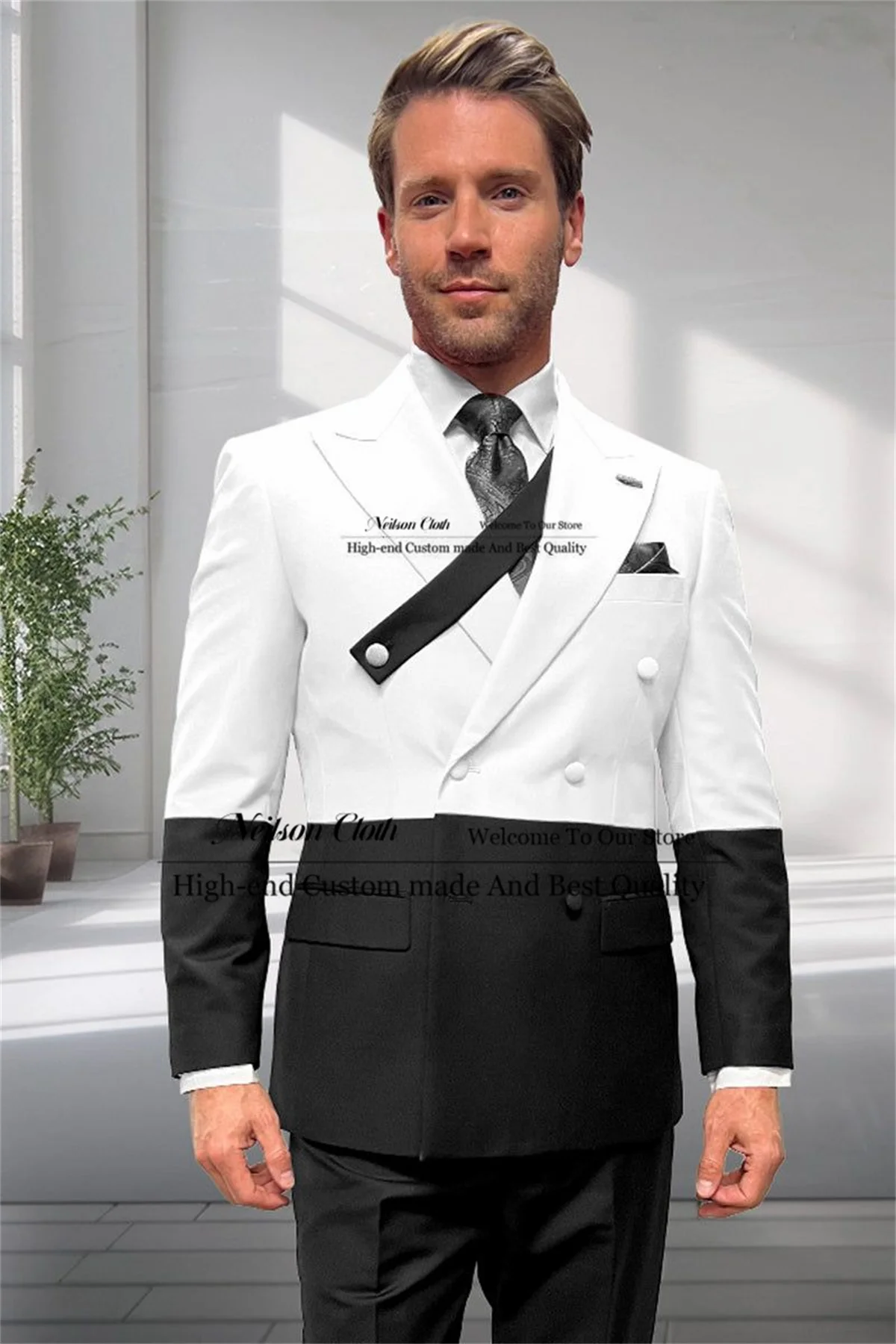 Two Tone Black And White Male Prom Blazers Double Breasted 2 Pcs Set Groom Wedding Tuxedos Peaked Lapel Customized Costume Homme
Two Tone Black And White Male Prom Blazers Double Breasted 2 Pcs Set Groom Wedding Tuxedos Peaked Lapel Customized Costume Homme