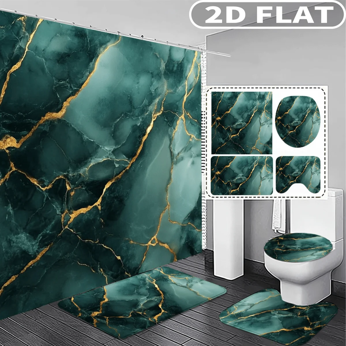 4pcs 2D FLAT Emerald Green Gold Vein Pattern Shower Curtain Set, with 3pc Bath Mat and 1pc Curtains Perfect for Home Decor
4pcs 2D FLAT Emerald Green Gold Vein Pattern Shower Curtain Set, with 3pc Bath Mat and 1pc Curtains Perfect for Home Decor