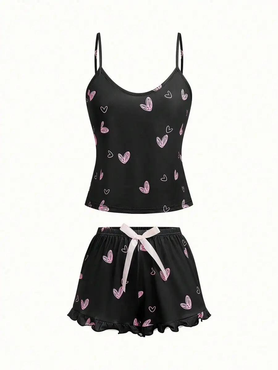 Women Sleeveless Pajama Shorts Set With Heart Print And Bow Detail Summer Sleepwear
Women Sleeveless Pajama Shorts Set With Heart Print And Bow Detail Summer Sleepwear