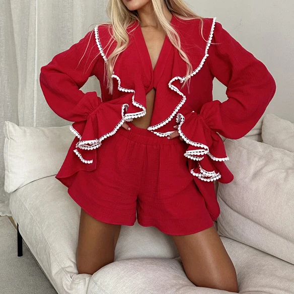 2025 Red Ruffled V-Neck Fashion 2 Piece Set Shorts For Women Commute Patchwork Loose Long Sleeve Shirts And Solid Shorts Outfits
2025 Red Ruffled V-Neck Fashion 2 Piece Set Shorts For Women Commute Patchwork Loose Long Sleeve Shirts And Solid Shorts Outfits