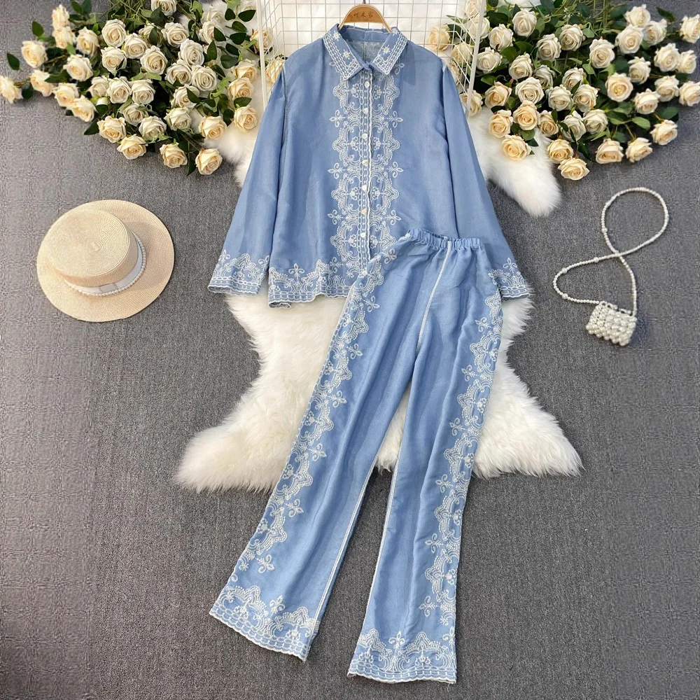 Fashion Suit for Women Europe America Heavy Embroidery Versatile Long Sleeved Shirt Two-piece Set High Waist Loose Casual Pants
Fashion Suit for Women Europe America Heavy Embroidery Versatile Long Sleeved Shirt Two-piece Set High Waist Loose Casual Pants