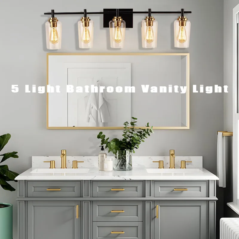 Black Gold 5 Light Bathroom Vanity Light Over Mirror with Clear Glass Shades wall lamp Vintage Industrial Metal Bathroom Kitchen
Black Gold 5 Light Bathroom Vanity Light Over Mirror with Clear Glass Shades wall lamp Vintage Industrial Metal Bathroom Kitchen
