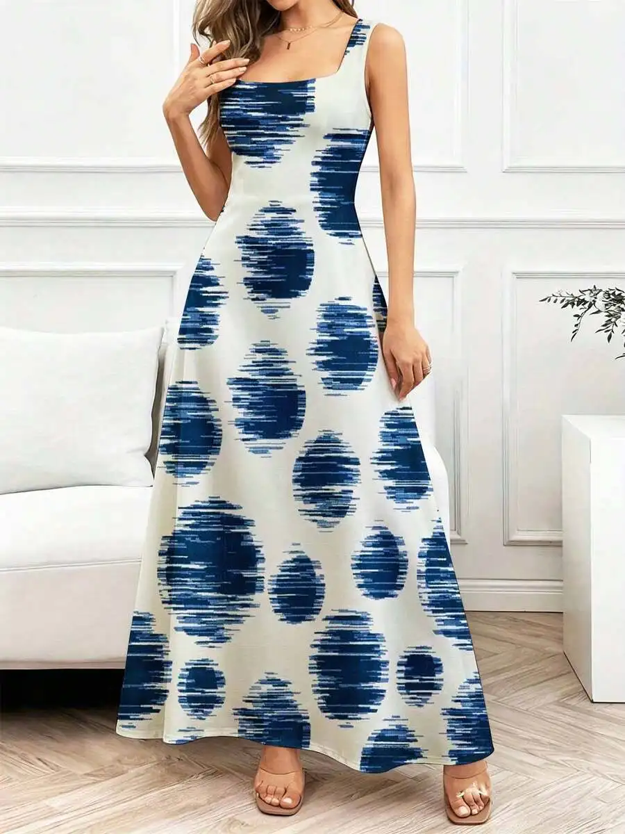 Square Neck Sleeveless Maxi Dress Blue Abstract Print Flowing Flare Women Casual Long Dress
Square Neck Sleeveless Maxi Dress Blue Abstract Print Flowing Flare Women Casual Long Dress