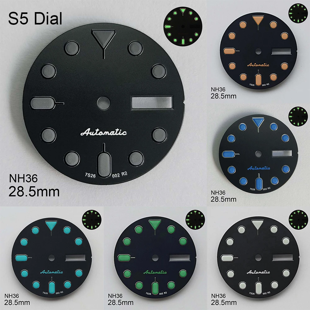 28.5mm S5 Logo SKX007 Dial Fit NH36/4R36 Movement Green Luminous Quality Matte Black Dial Watch Modification Accessories
28.5mm S5 Logo SKX007 Dial Fit NH36/4R36 Movement Green Luminous Quality Matte Black Dial Watch Modification Accessories