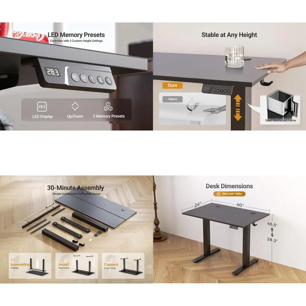 Adjustable Height Electric Desk, 40 x 24 T-Shaped Sit-Stand Desk with 3 Memory Settings and Cable Management for Home Office
Adjustable Height Electric Desk, 40 x 24 T-Shaped Sit-Stand Desk with 3 Memory Settings and Cable Management for Home Office