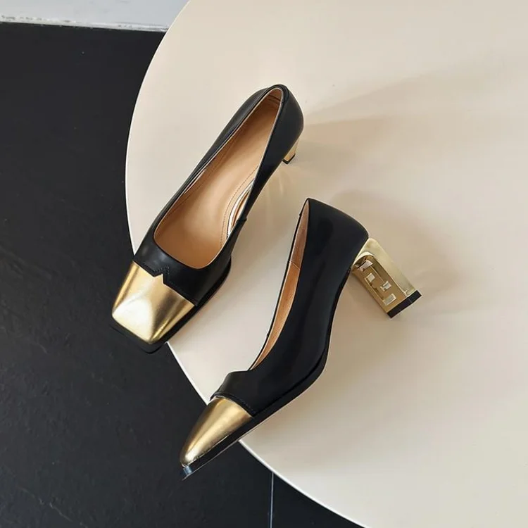 Gold Square Toe Mixed Black Leather Pumps Shallow Slip On Formal Dress Work Shoes Chic Office Fretwork High Heels Sapatos Femmes
Gold Square Toe Mixed Black Leather Pumps Shallow Slip On Formal Dress Work Shoes Chic Office Fretwork High Heels Sapatos Femmes