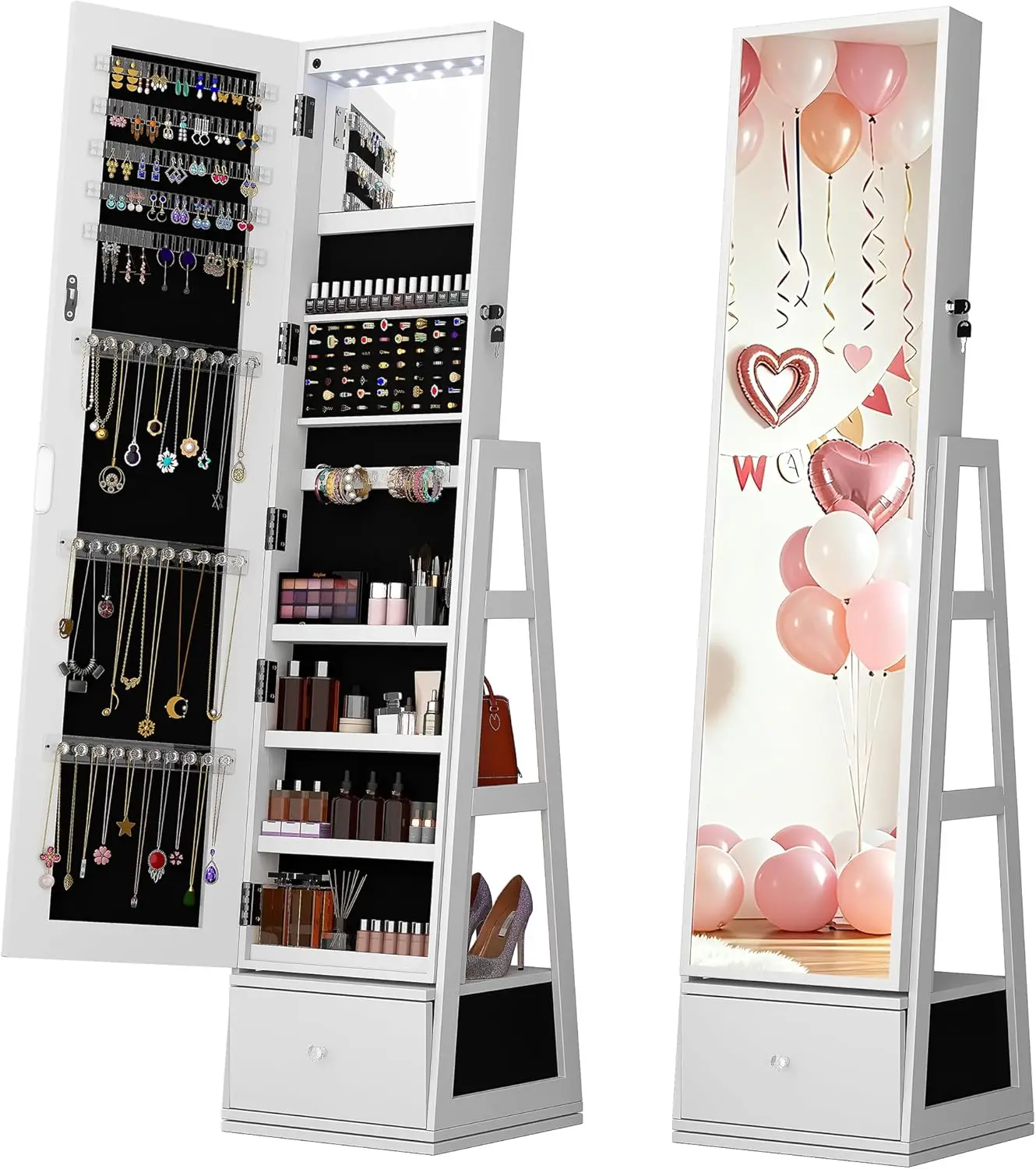 5-In-1 Standing Jewelry Armoire with LED Lights, 360° Swivel Jewelry Organizer with Full Length Mirror, White
5-In-1 Standing Jewelry Armoire with LED Lights, 360° Swivel Jewelry Organizer with Full Length Mirror, White