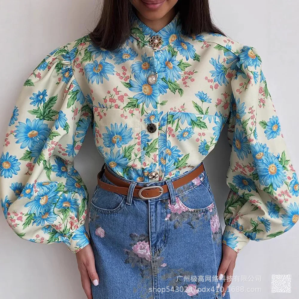 Women Blue Floral Stand-Up Neck Bubble Sleeve Cardigan Top Single Breasted Button Shirt Blouse
Women Blue Floral Stand-Up Neck Bubble Sleeve Cardigan Top Single Breasted Button Shirt Blouse