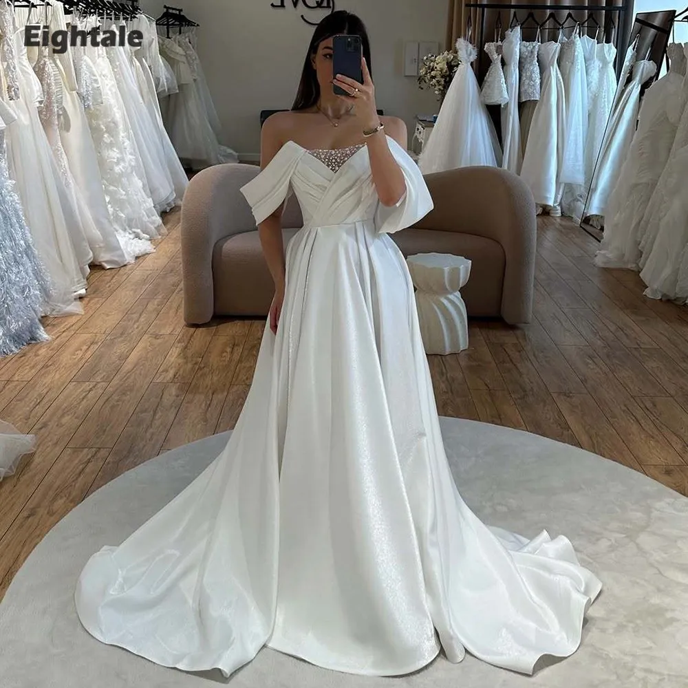 Eightale Arabic Wedding Dresses Customized Satin Off Shoulder Ivory A-Line High Side Slit Bridal Gowns Vestidos De Novia 
Eightale Arabic Wedding Dresses Customized Satin Off Shoulder Ivory A-Line High Side Slit Bridal Gowns Vestidos De Novia