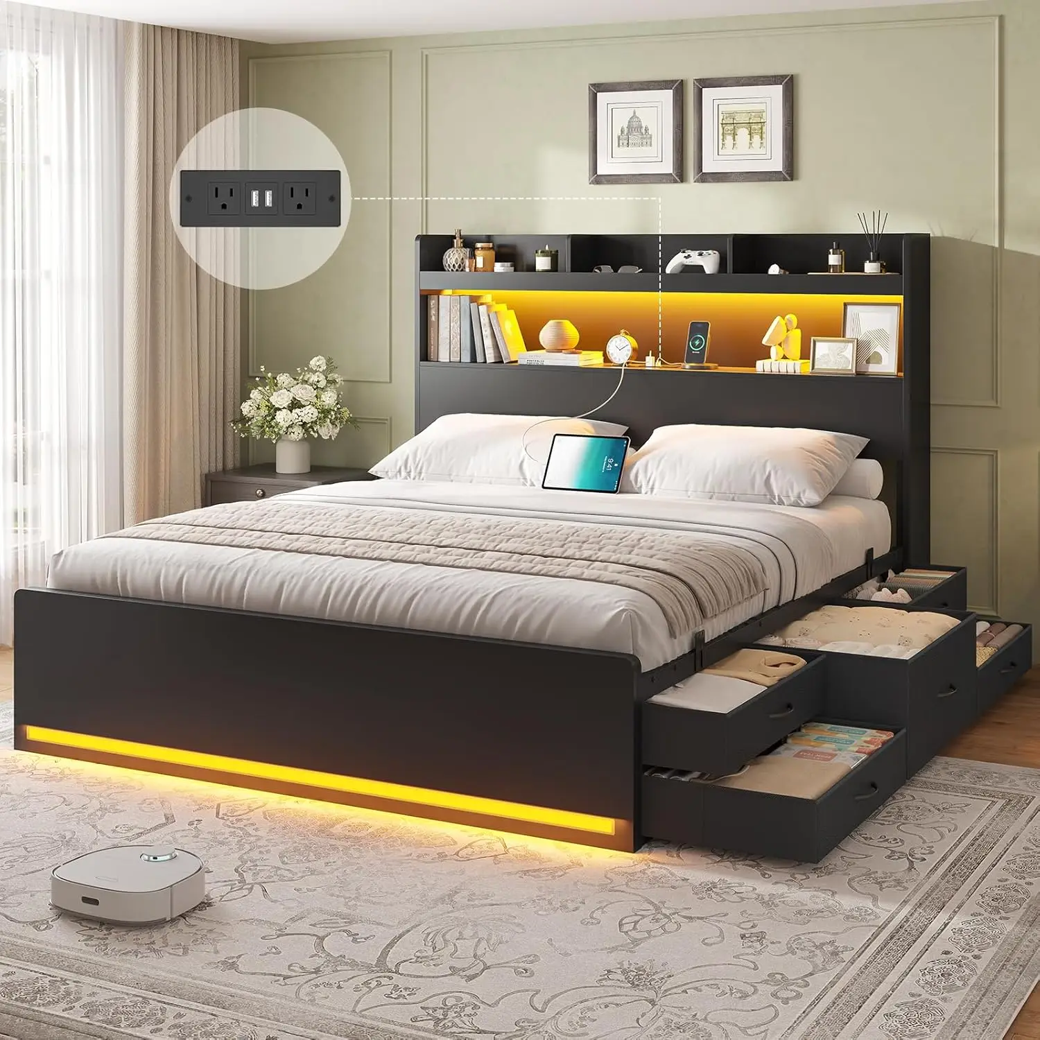 Queen Storage Bed Frame LED Headboard 5 Drawers USB Charging Station Wood Platform Metal Support No Box Spring, Custom
Queen Storage Bed Frame LED Headboard 5 Drawers USB Charging Station Wood Platform Metal Support No Box Spring, Custom
