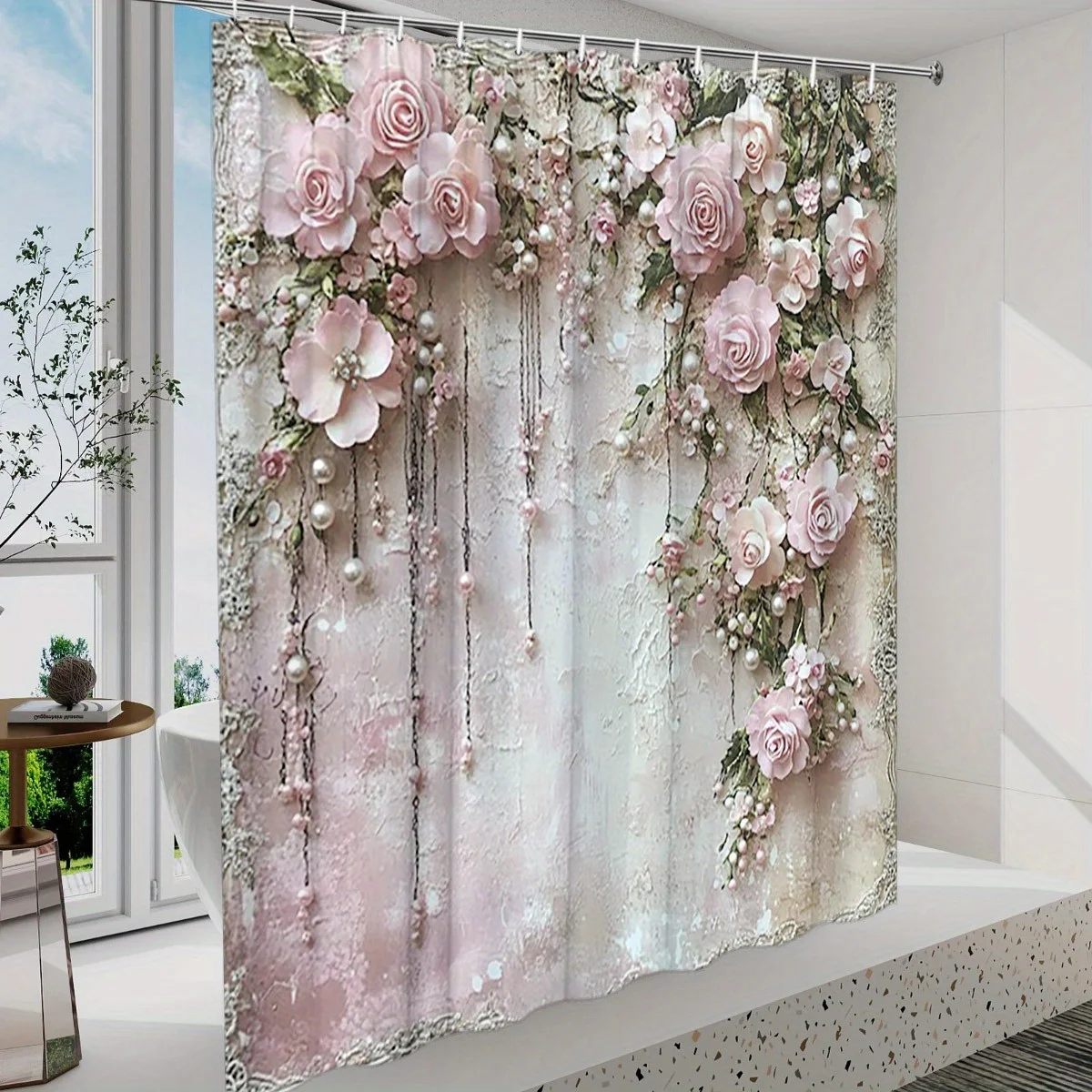 1pc Vintage Pink Rose Shower Curtain - Delicate Beads & Green Leaves, Textured Beige Polyester, Washable, Elegant Bath Decor
1pc Vintage Pink Rose Shower Curtain - Delicate Beads & Green Leaves, Textured Beige Polyester, Washable, Elegant Bath Decor