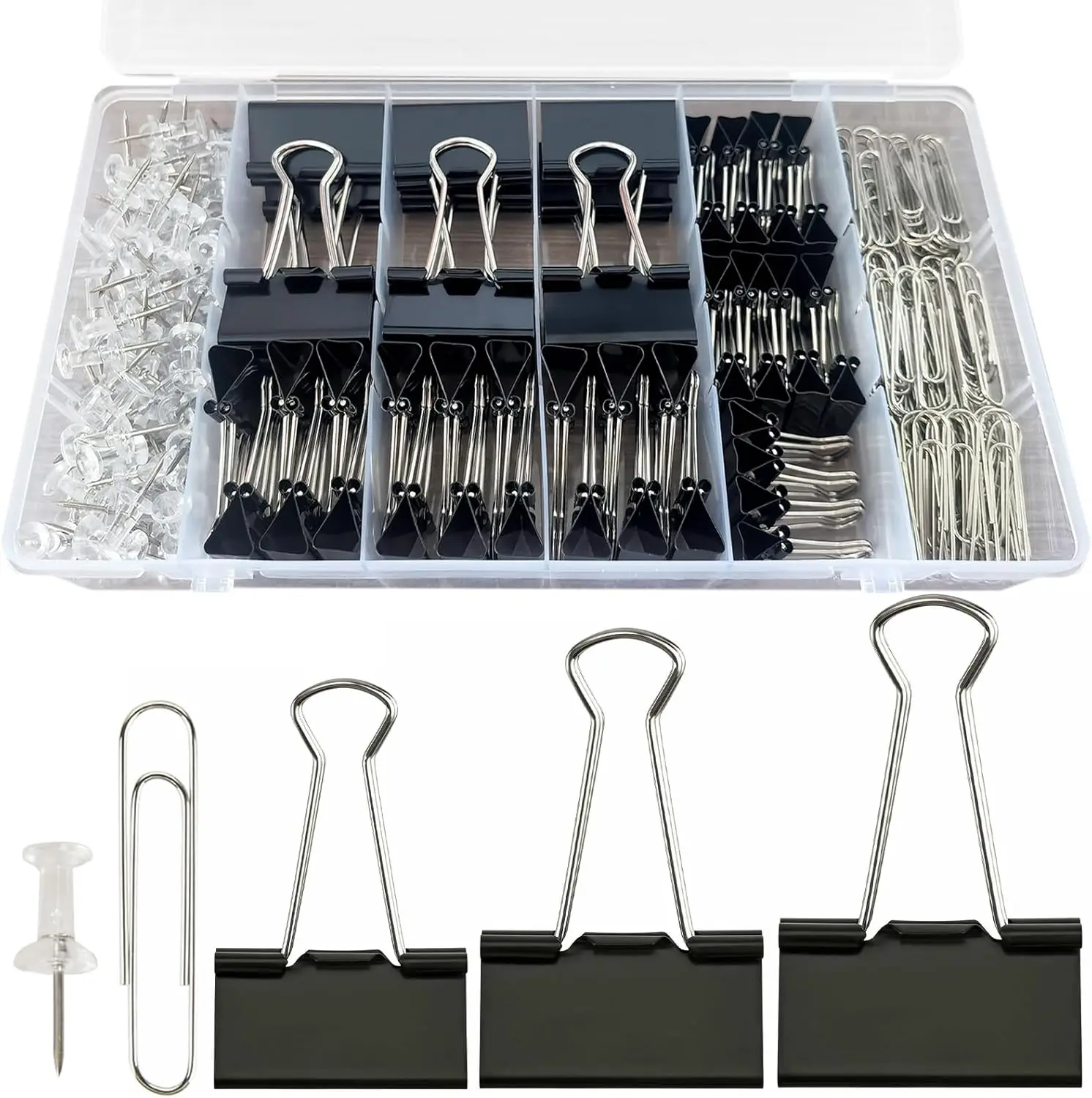 240PCS Office Clips Set: Paperclips, Binder Clips & Push Pins, Assorted Sizes, Black & Silver, Durable & Rust-Resistant
240PCS Office Clips Set: Paperclips, Binder Clips & Push Pins, Assorted Sizes, Black & Silver, Durable & Rust-Resistant