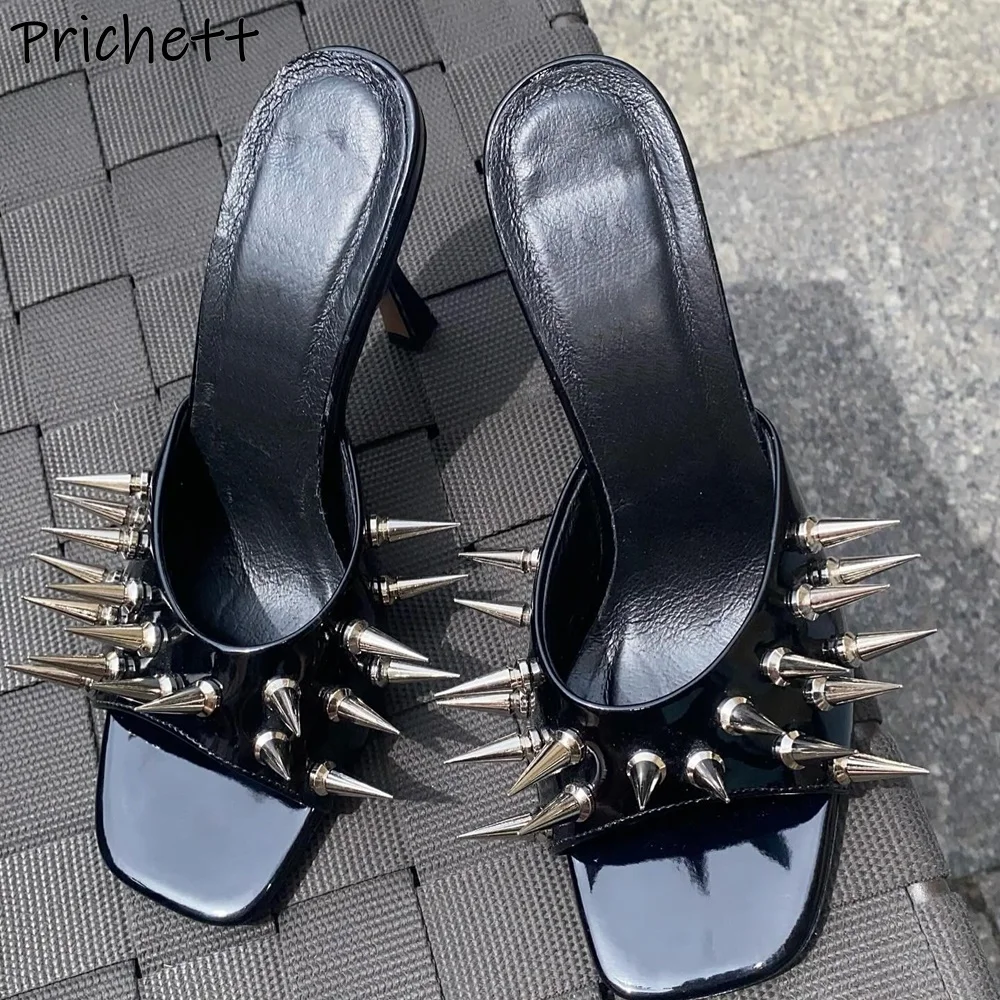 Metal Spike Black Slippers Rivet Patent Leather Square Peep Toe Slip On Dark Punk Sexy Shoes Women's Summer Sexy Fashion Shoes
Metal Spike Black Slippers Rivet Patent Leather Square Peep Toe Slip On Dark Punk Sexy Shoes Women's Summer Sexy Fashion Shoes