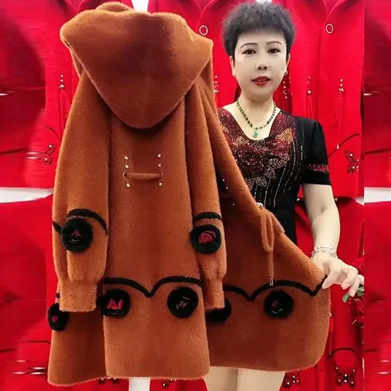 Mother's Winter Clothes Long Thick Imitation Mink Cashmere Sweater Coat Middle Aged Elderly Women Hooded Knitted Cardigan Jacket
Mother's Winter Clothes Long Thick Imitation Mink Cashmere Sweater Coat Middle Aged Elderly Women Hooded Knitted Cardigan Jacket