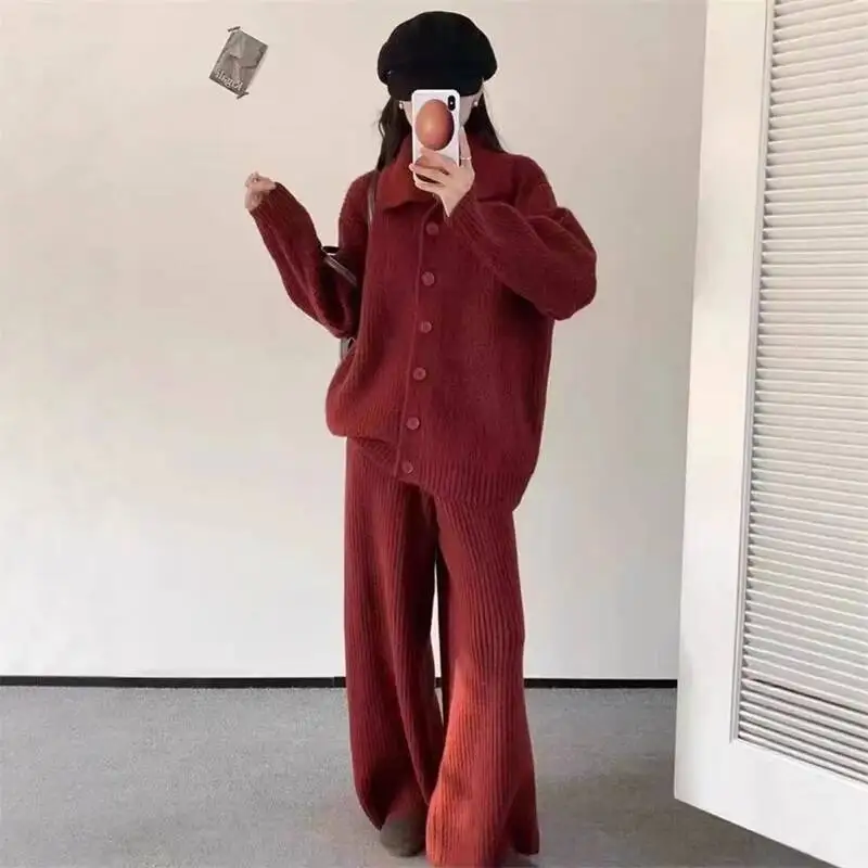 Knitted Korean Trendy Women's Two-Piece Set Laple Single-Breasted Sweater + High-Waisted Wide-Leg Pants Autumn 253TDT
Knitted Korean Trendy Women's Two-Piece Set Laple Single-Breasted Sweater + High-Waisted Wide-Leg Pants Autumn 253TDT