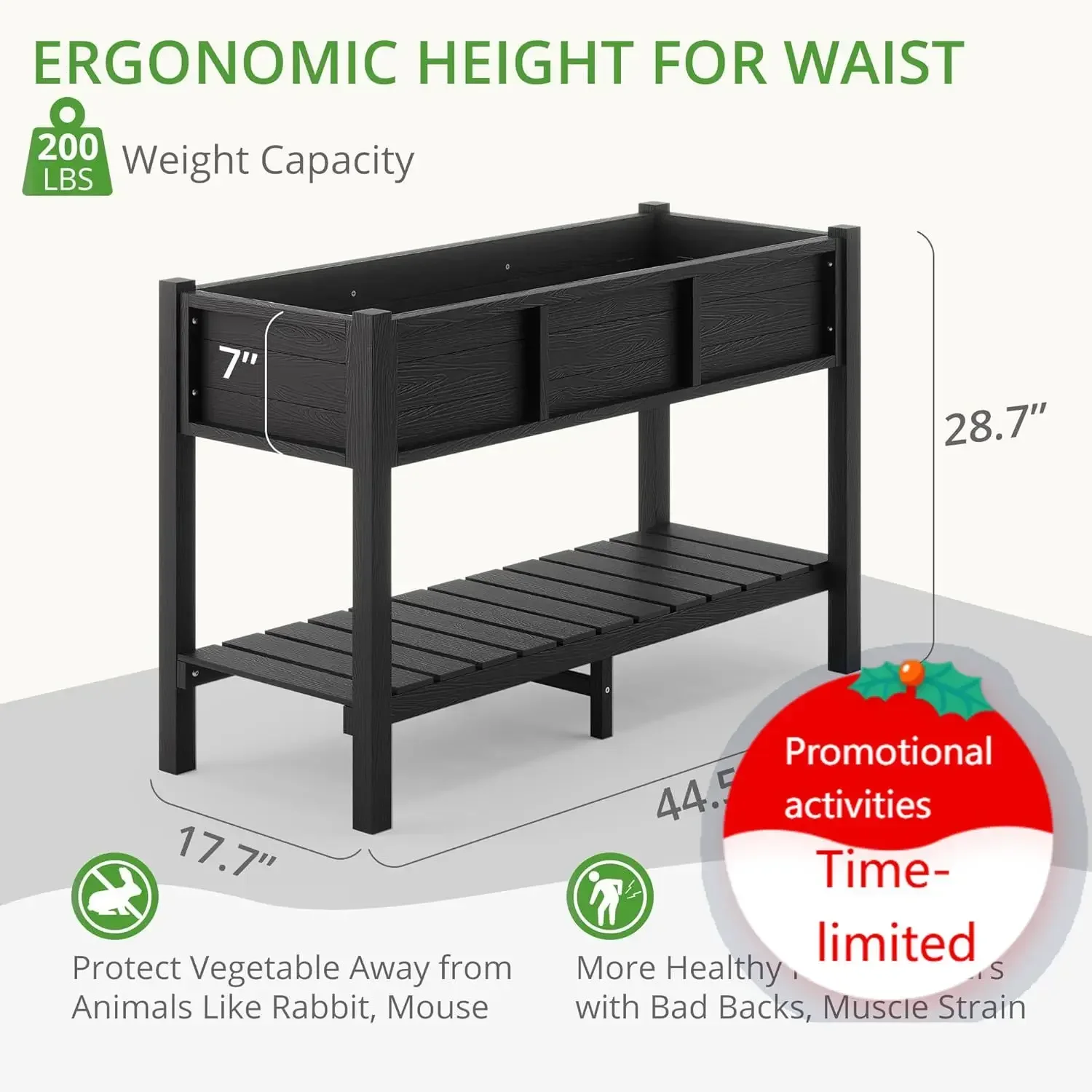 LUE BONA Raised Garden Bed with Tools, 45*18*29 in, Poly Elevated Planter Box with Legs And Storage Shelf, Weather Resistant, 3-
LUE BONA Raised Garden Bed with Tools, 45*18*29 in, Poly Elevated Planter Box with Legs And Storage Shelf, Weather Resistant, 3-