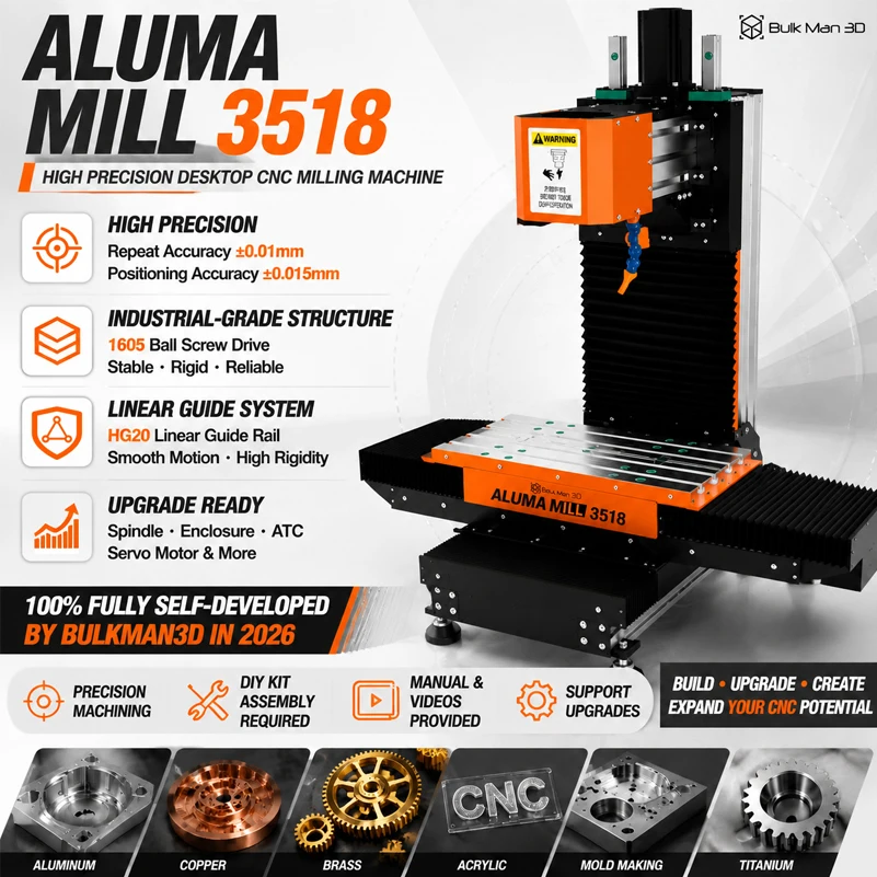BulkMan3D ALUMA MILL 3518 High Precision Desktop CNC Mill Kit 1605 Ball Screw HGR20 Linear Rail Metal Milling Engraving Machine
BulkMan3D ALUMA MILL 3518 High Precision Desktop CNC Mill Kit 1605 Ball Screw HGR20 Linear Rail Metal Milling Engraving Machine