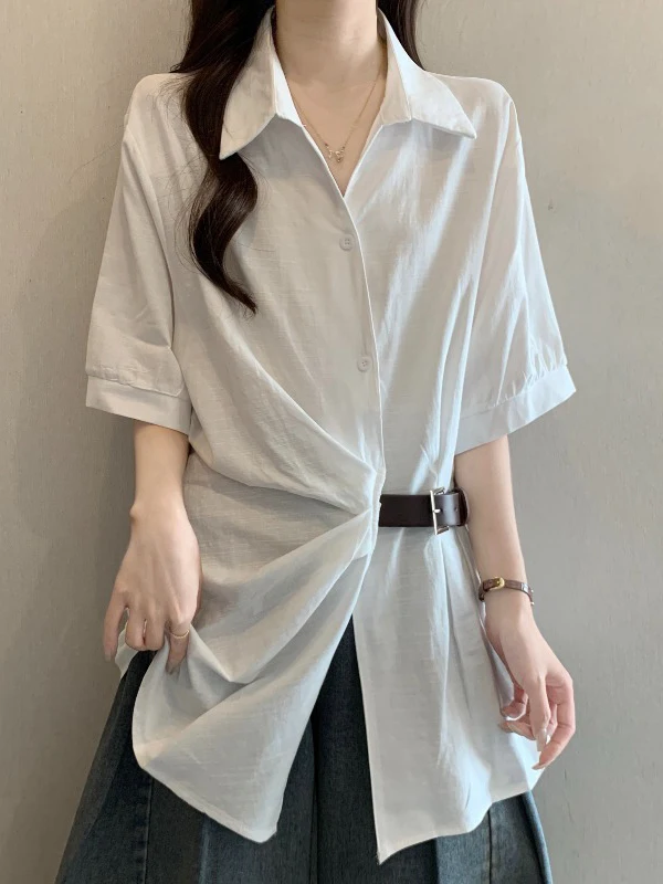 Elegant V-Neck Short Sleeve Shirt Women's plus Size Midi Length Waist-Cinching Top Korean Style Commute Fashion Loose Fit
Elegant V-Neck Short Sleeve Shirt Women's plus Size Midi Length Waist-Cinching Top Korean Style Commute Fashion Loose Fit