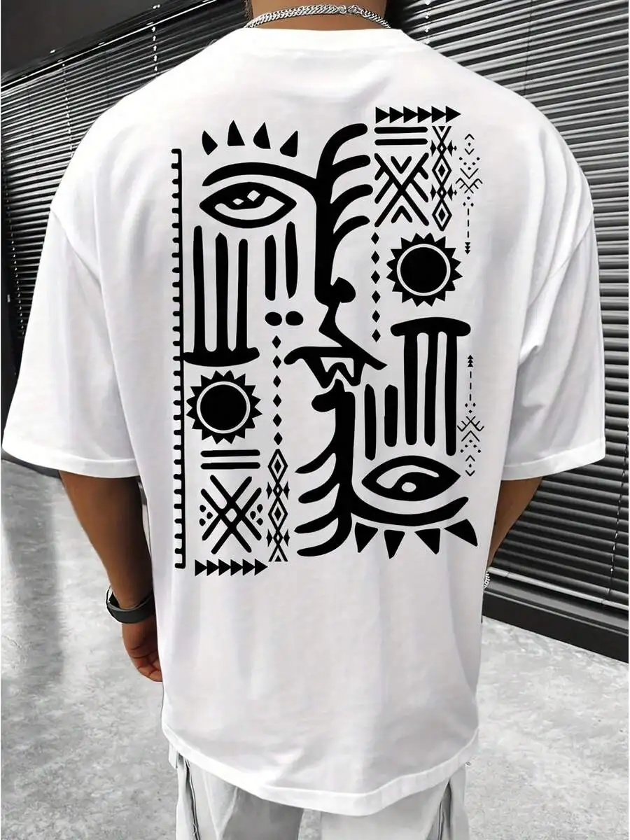 Mens Oversized White Tee With Abstract Black Eye Totem And Tribal Geometric Print, Quick-Dry Polyester For Casual Street Style
Mens Oversized White Tee With Abstract Black Eye Totem And Tribal Geometric Print, Quick-Dry Polyester For Casual Street Style