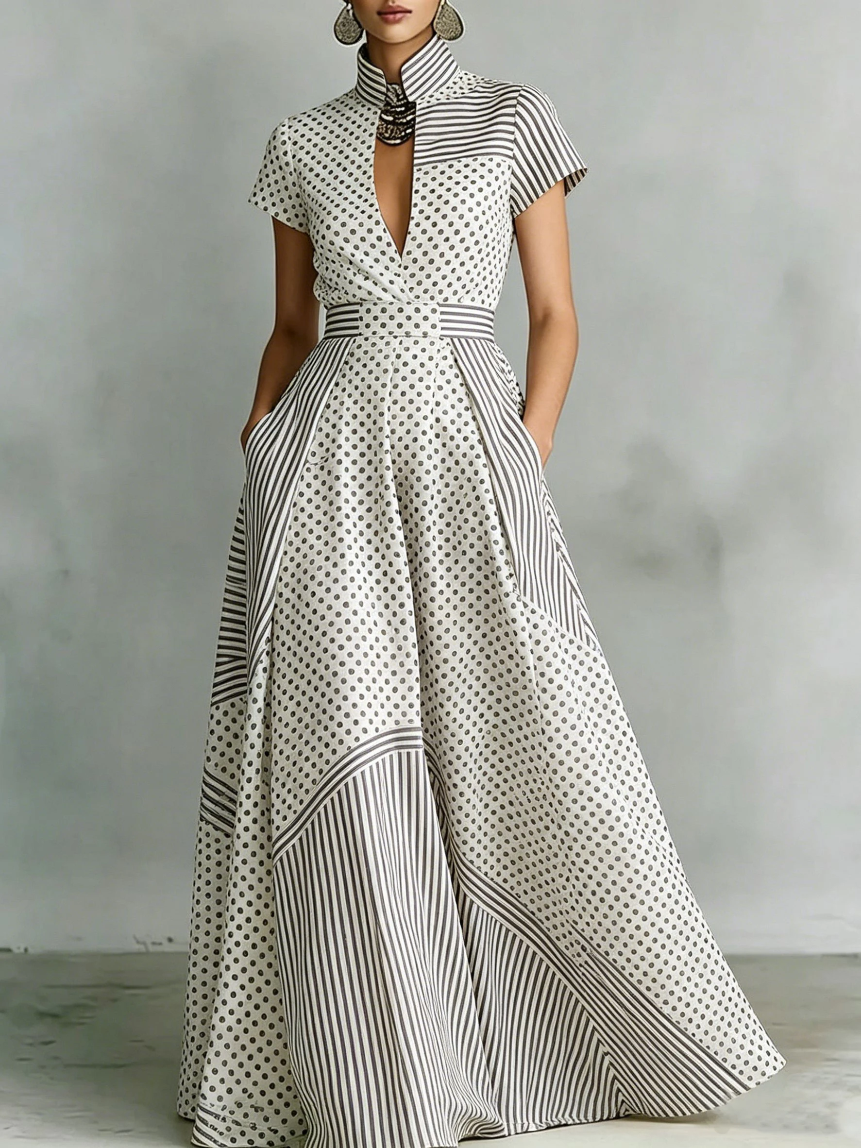 Elegant Polka Dot Stripe Mixed Printed Dress Classic Chic Vintage Sleeveless A-Line Midi Dress for Formal Casual Occasions Dress
Elegant Polka Dot Stripe Mixed Printed Dress Classic Chic Vintage Sleeveless A-Line Midi Dress for Formal Casual Occasions Dress
