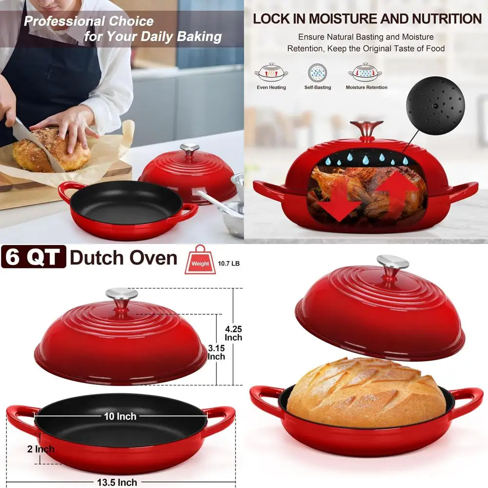 6-Quart Red Enameled Cast Iron Dutch Oven for Perfect Sourdough, High Dome Lid & Non-stick, Even Heat Distribution
6-Quart Red Enameled Cast Iron Dutch Oven for Perfect Sourdough, High Dome Lid & Non-stick, Even Heat Distribution
