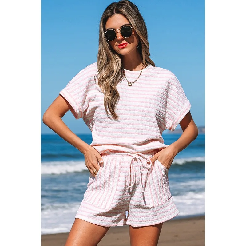 2025 Summer Knitted Striped Patchwork Casual Street 2 Piece Set Women O Neck Short Sleeve T Shirt High Waist Drawstring Shorts
2025 Summer Knitted Striped Patchwork Casual Street 2 Piece Set Women O Neck Short Sleeve T Shirt High Waist Drawstring Shorts