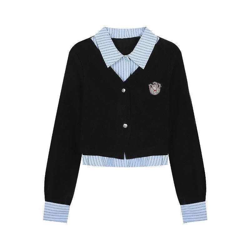 Preppy Style Striped Patchwork Blouse Spring Autumn Long Sleeve Fake Two Pieces Short Korean T Shirt Tops Fashion Women Clothing
Preppy Style Striped Patchwork Blouse Spring Autumn Long Sleeve Fake Two Pieces Short Korean T Shirt Tops Fashion Women Clothing