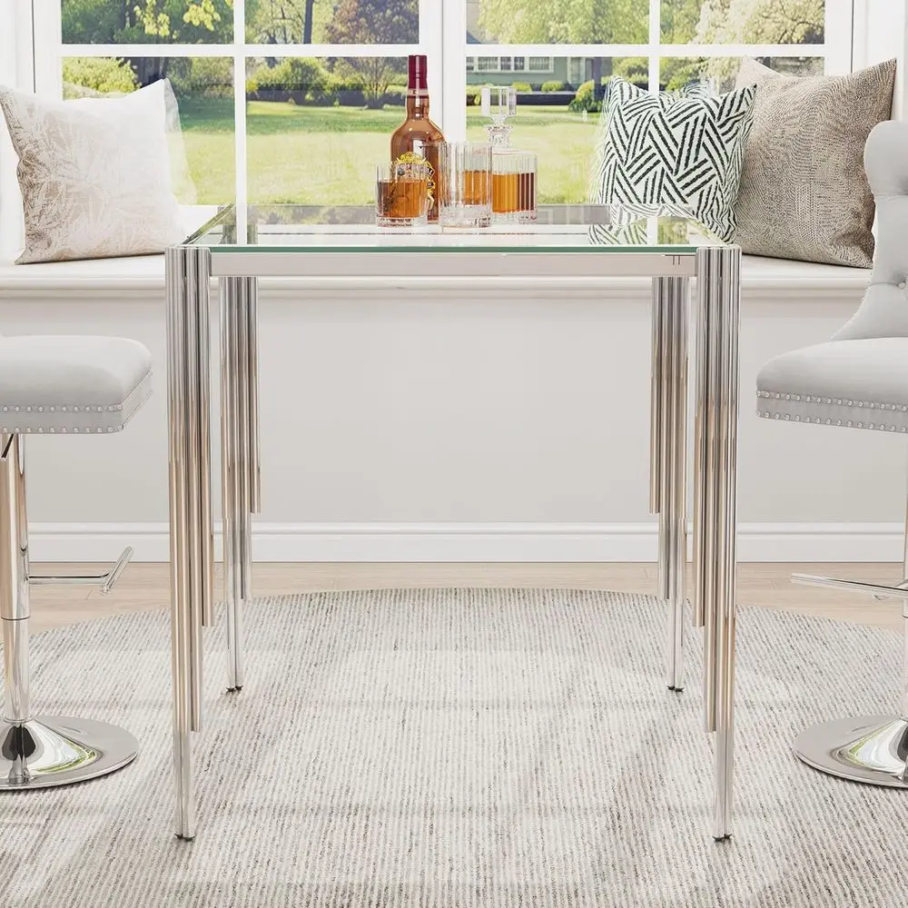 37 Square Glass Top Bar Table, Counter Height, Silver Stainless Steel Legs, Ideal for Dining Rooms, Restaurants, and Pubs
37 Square Glass Top Bar Table, Counter Height, Silver Stainless Steel Legs, Ideal for Dining Rooms, Restaurants, and Pubs