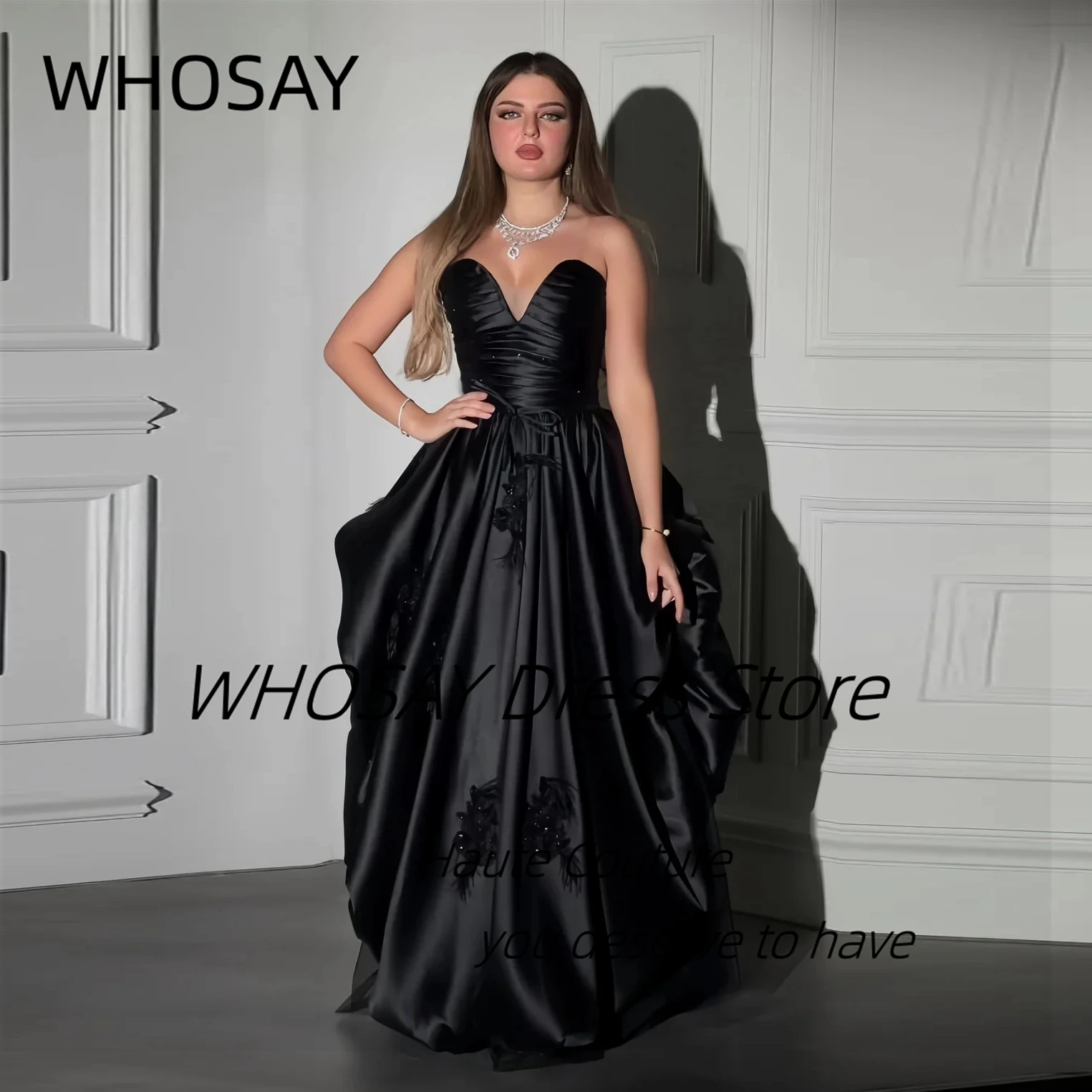 WHOSAY Customized Black Pick Ups Satin Prom Dresses Sweetheart Sexy Back Applique Vestidos Des Noches Saudi Evening Party Gowns
WHOSAY Customized Black Pick Ups Satin Prom Dresses Sweetheart Sexy Back Applique Vestidos Des Noches Saudi Evening Party Gowns