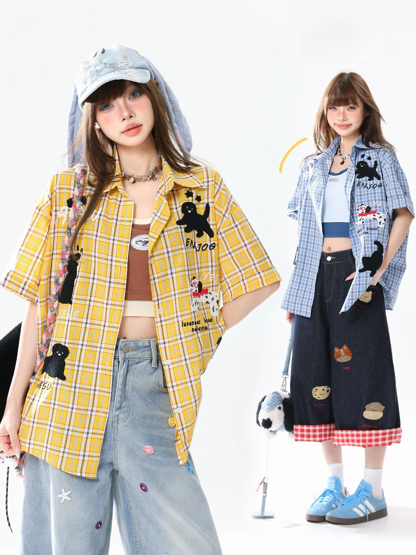 Lazy Style Women's Shirt Cartoon Dog Embroidery Design Summer Short Sleeve Plaid Loose Fit Breathable Comfortable Fashionable
Lazy Style Women's Shirt Cartoon Dog Embroidery Design Summer Short Sleeve Plaid Loose Fit Breathable Comfortable Fashionable